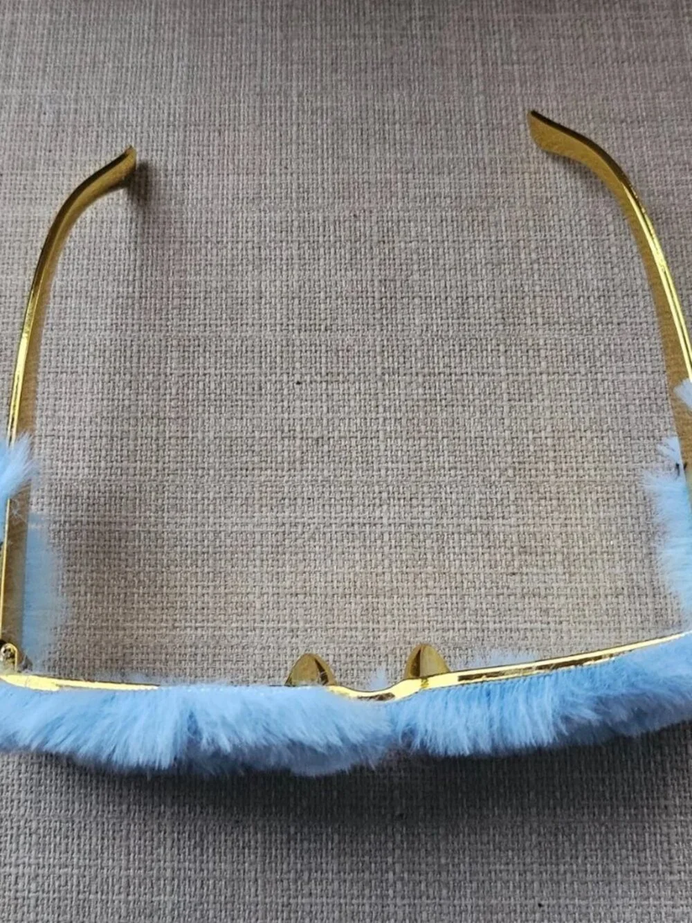 Women Sunglasses Blue Fuzzy Faux Furry Plush Gold Tone Temple Funky Eyewear